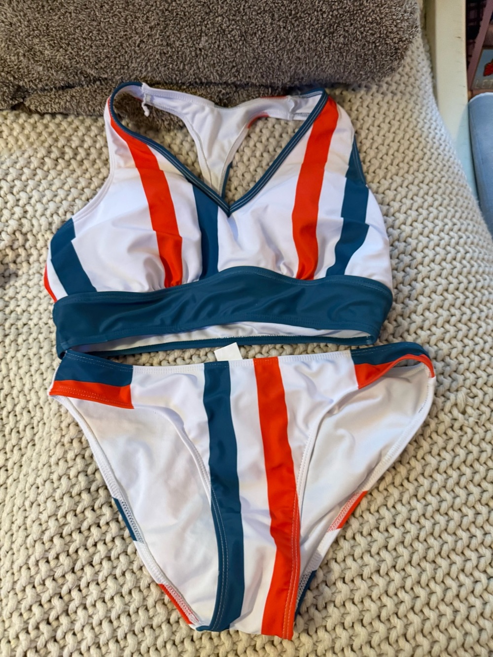 White Bikini Set with Teal and Orange Stripe Accents